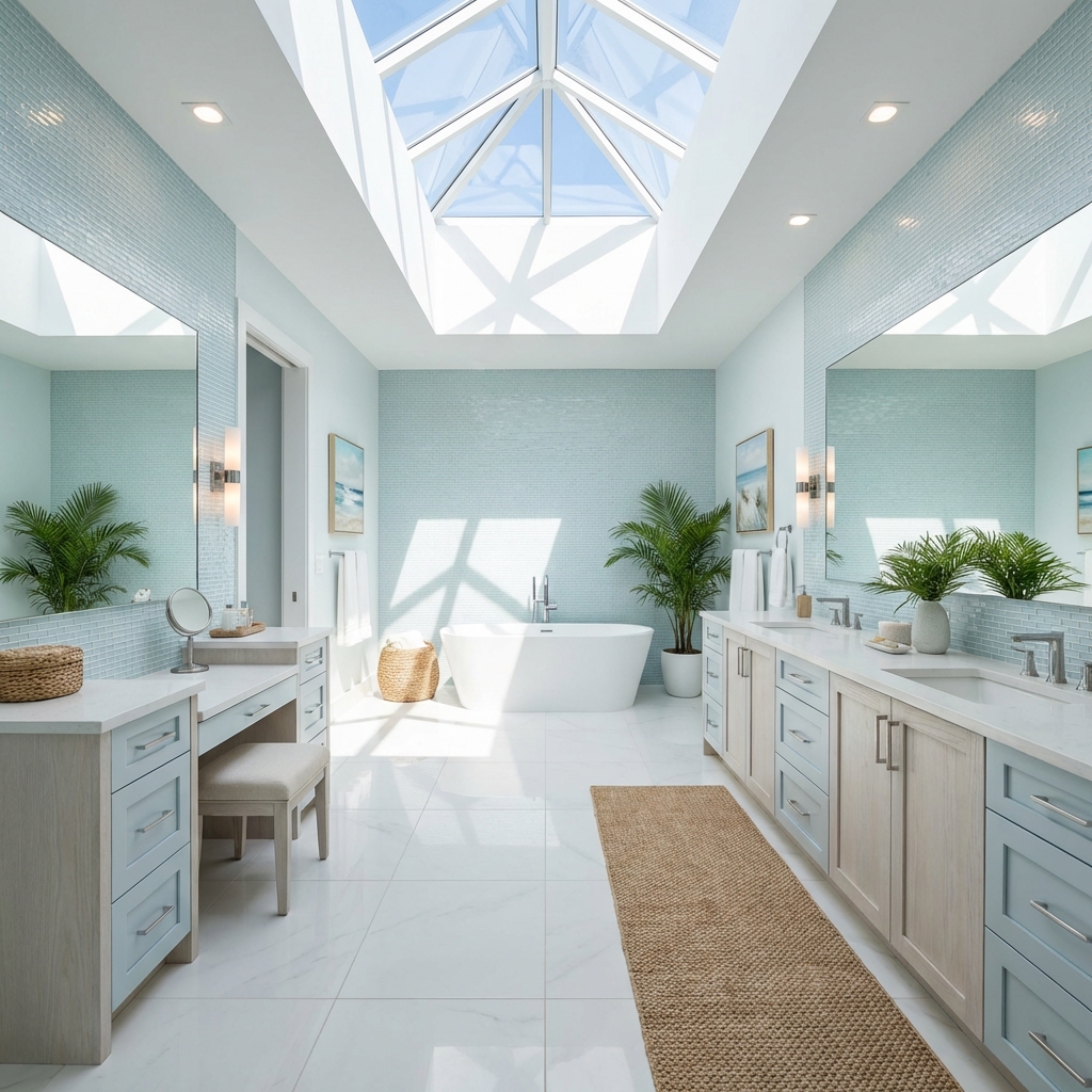 Bright master bath with skylight and makeup vanity