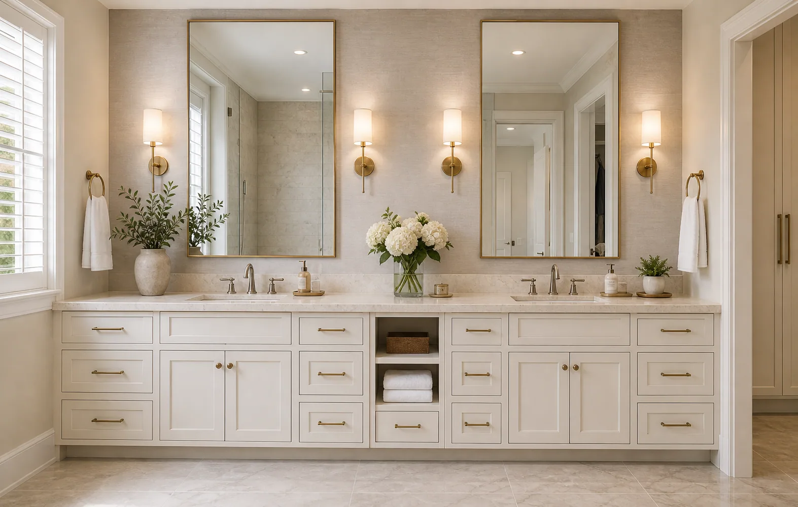 Bathroom vanity remodel in Naples with double sinks, custom drawers, wall sconces, mirrors, and brushed fixtures.
