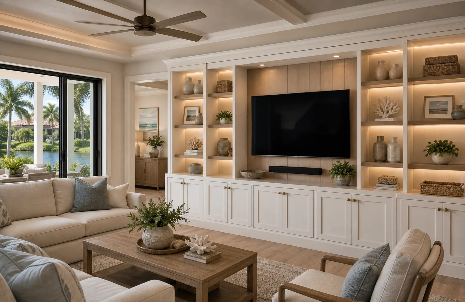 Custom built-ins in Naples living room with media storage, display shelves, cabinets, and integrated lighting.
