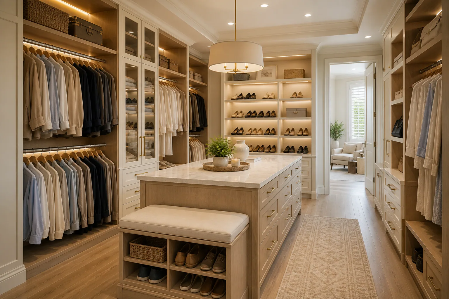 Custom closet in Naples with walk-in storage, shoe shelves, drawers, hanging sections, and integrated lighting.