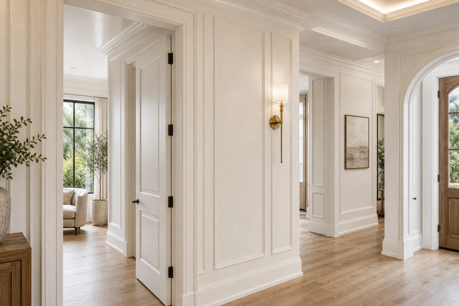 Doors, trim, and millwork in Naples home with custom casing, baseboards, paneling, and interior doors.