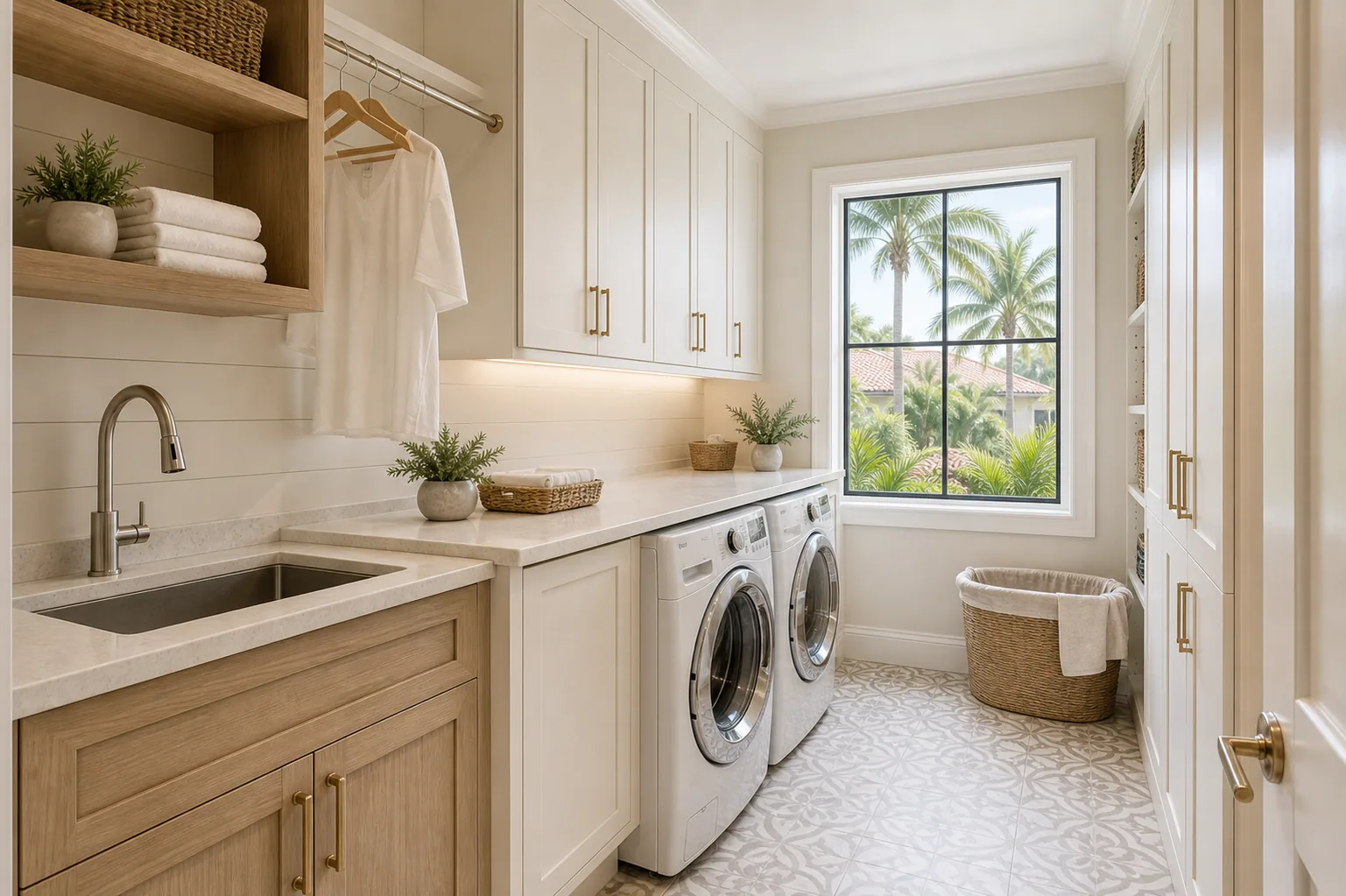 Laundry room remodel in Naples with washer and dryer, folding counter, storage cabinets, sink, and tile floor.