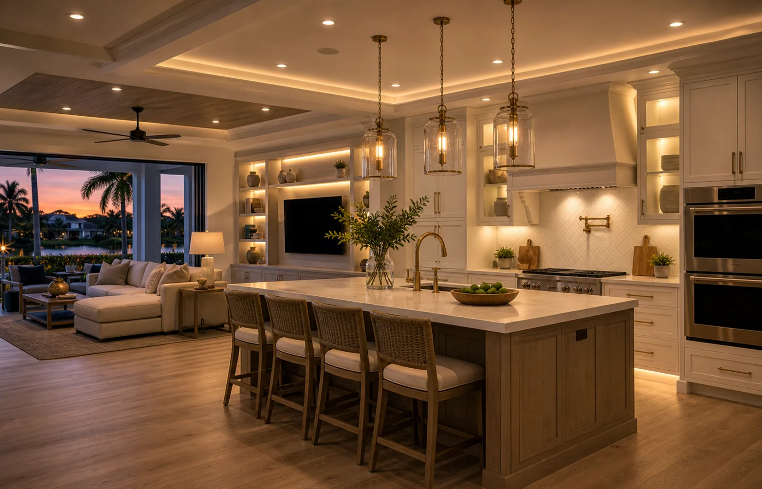 Naples home lighting design with recessed lights, pendant lights, under-cabinet lighting, and warm layered illumination.