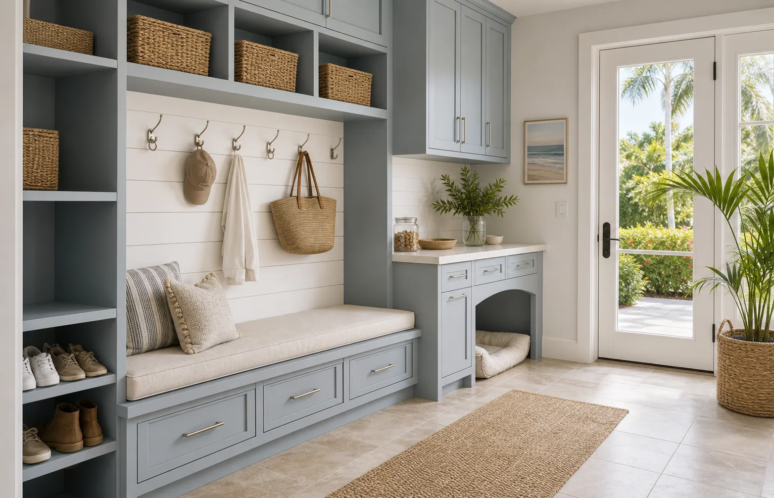 Naples mudroom remodel with built-in bench, hooks, cubbies, shoe storage, and coastal cabinet finishes.