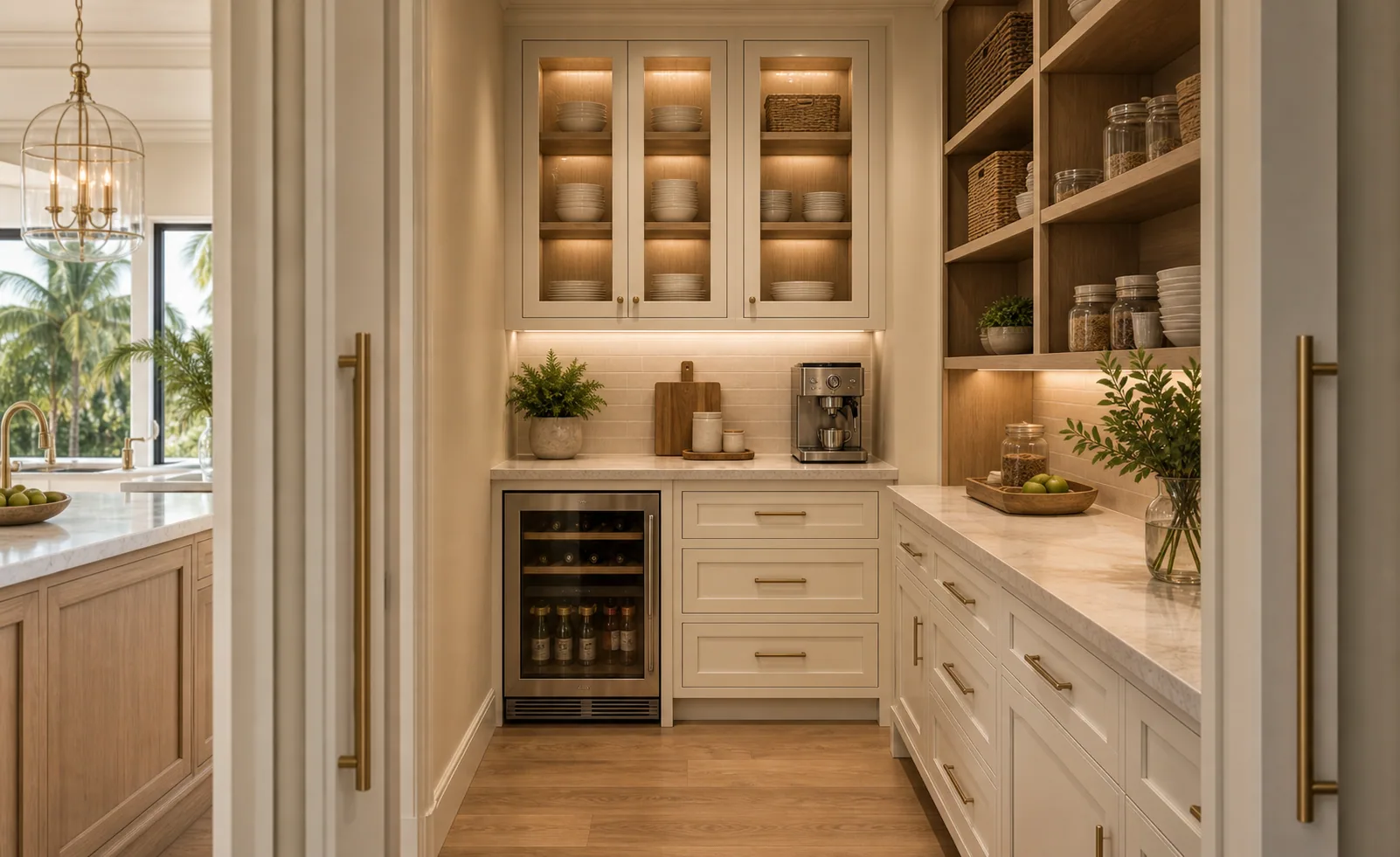 Custom pantry in Naples with built-in shelving, appliance storage, beverage area, and prep counter.