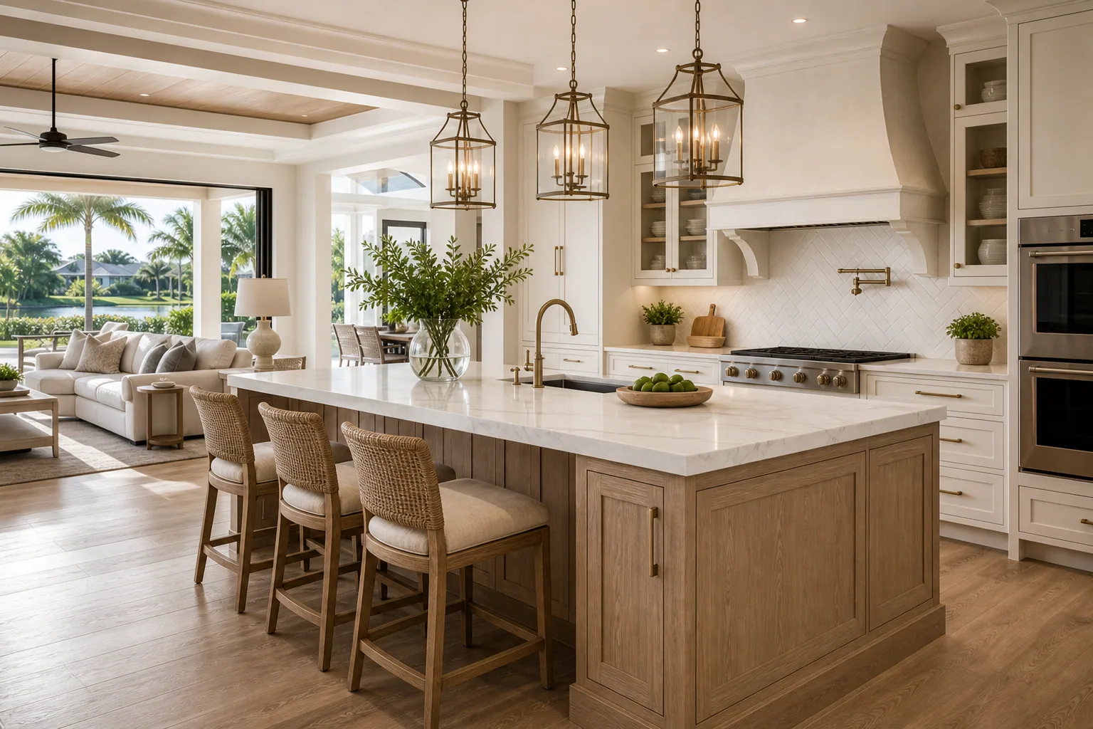 Naples kitchen layout with large island, open traffic flow, seating, storage, and entertaining space.