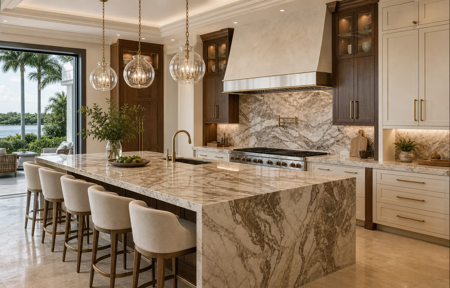 Luxury kitchen remodel in Naples with natural stone slab backsplash, custom cabinets, oversized island, and statement lighting.
