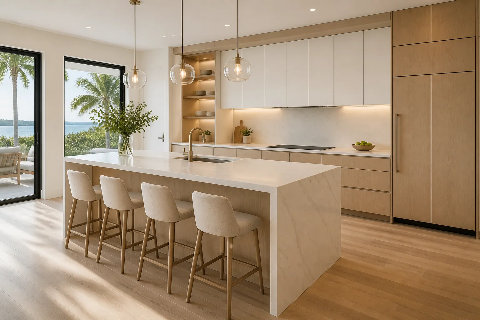 Modern kitchen remodeling in Naples with flat-panel cabinets, waterfall island, integrated storage, and bright natural light.