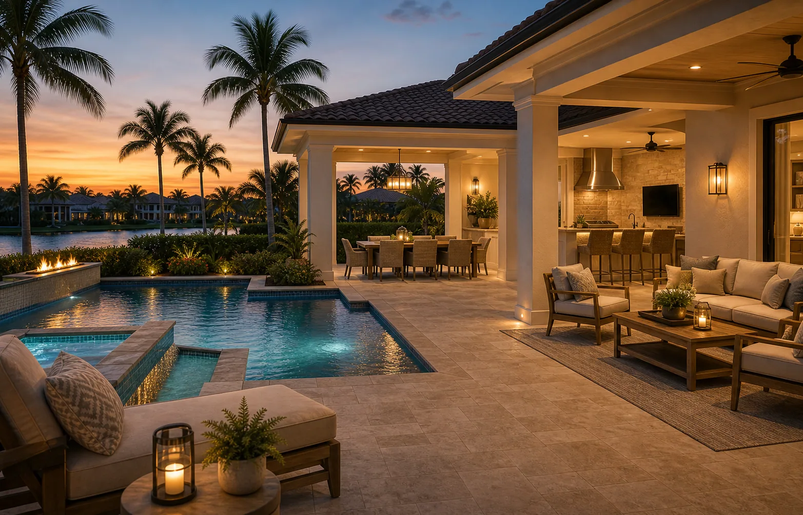 Poolside entertaining remodel in Naples with lounge seating, covered serving area, pool deck, lighting, and outdoor dining.