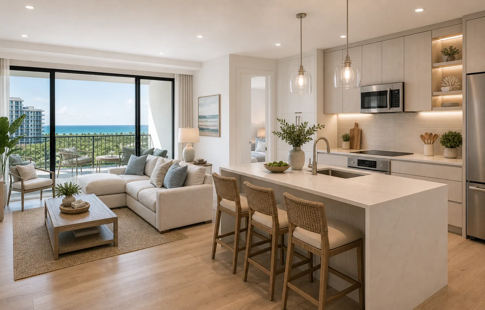 Condo remodel in Naples with modern kitchen, open living area, custom storage, updated lighting, and coastal finishes.