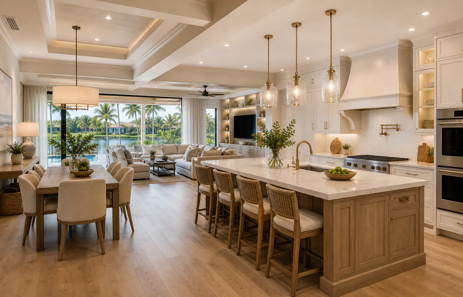 Whole-home remodel in Naples with open living area, remodeled kitchen, updated flooring, lighting, and coastal finishes.